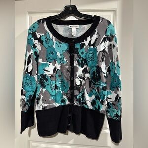 Valerie Bertinelli Teal & Black Floral Cardigan - XL